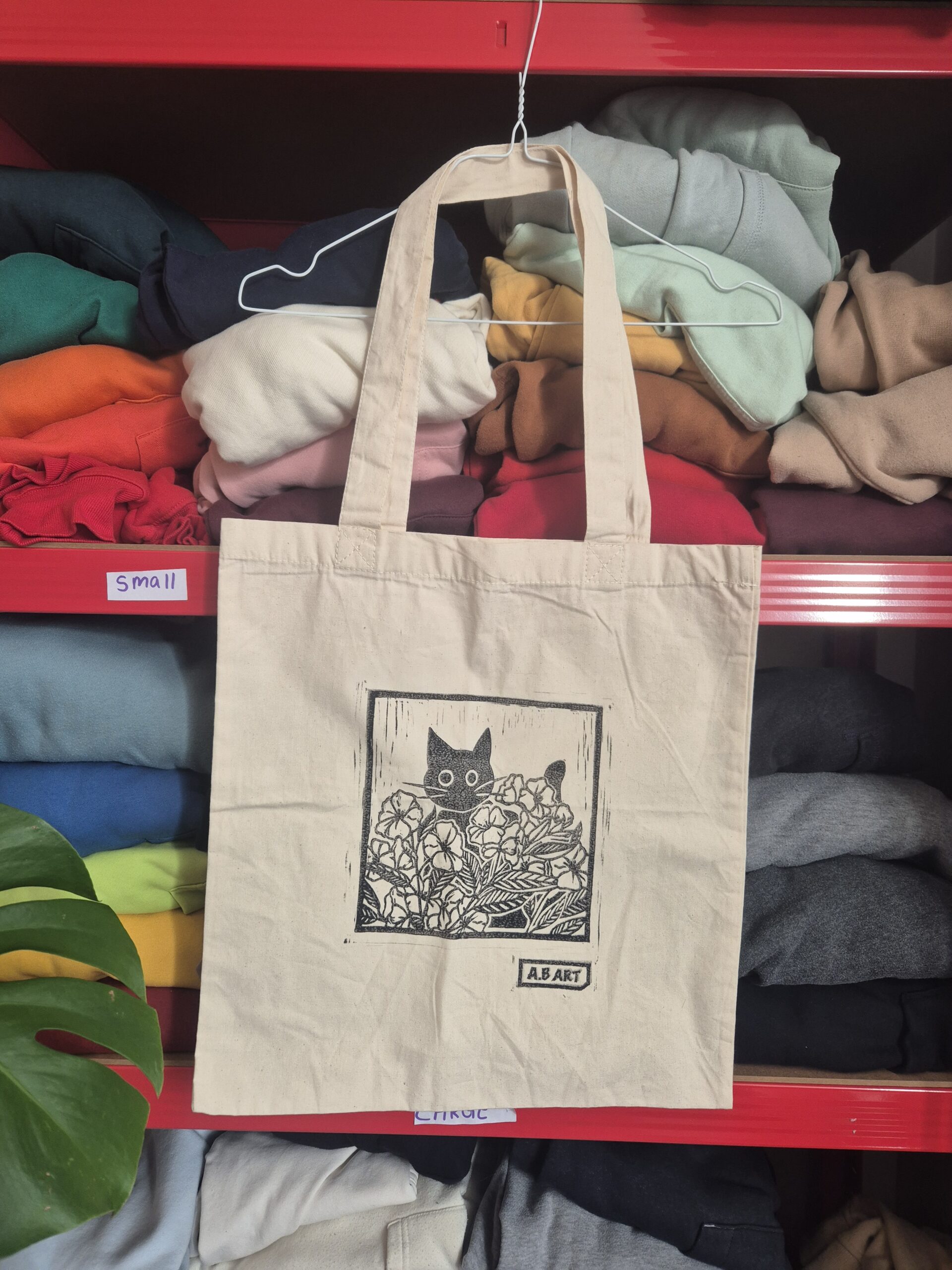 Black Cat Floral Beige Tote Bag