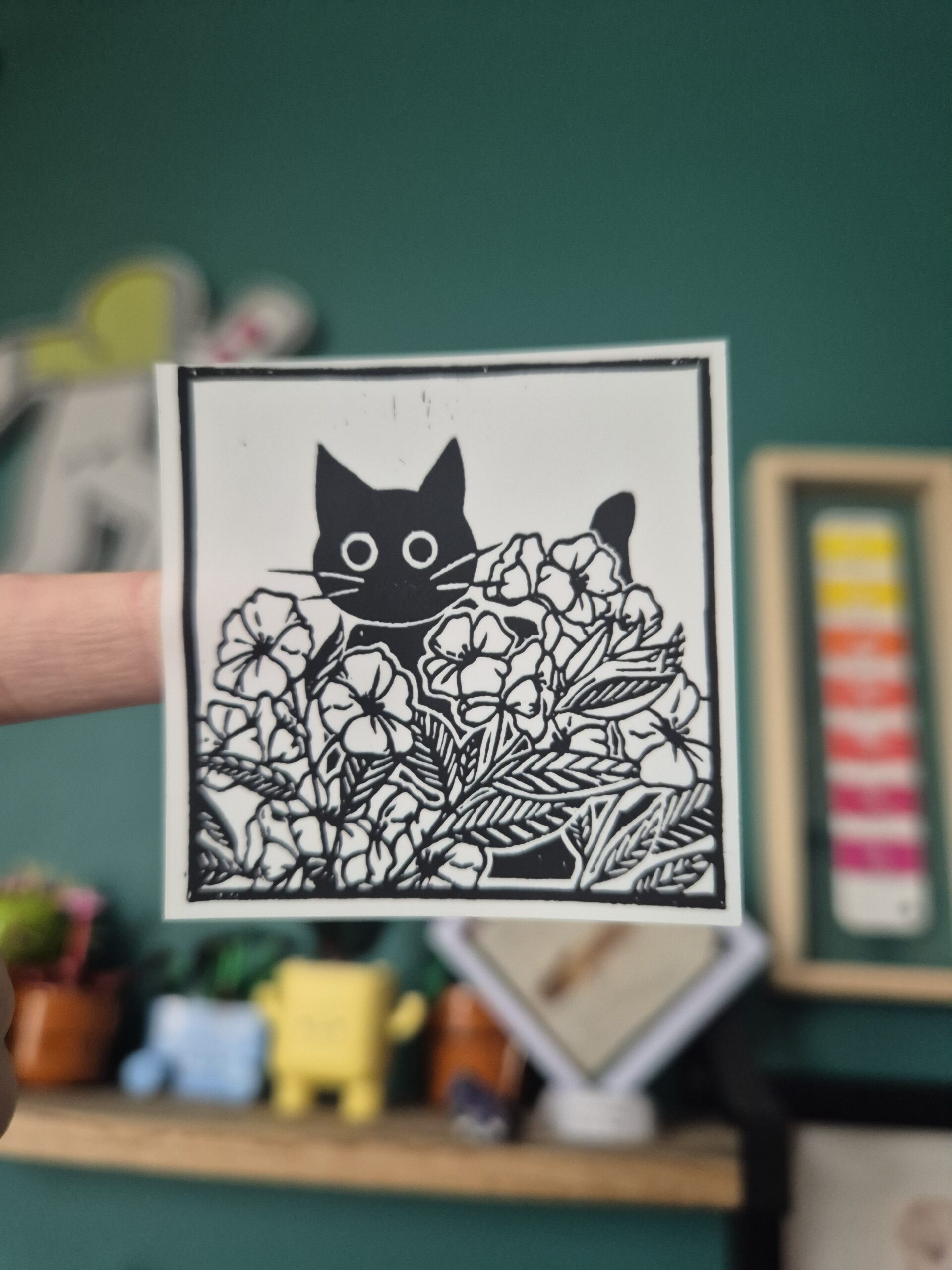 Floral Black Cat Vinyl Sticker
