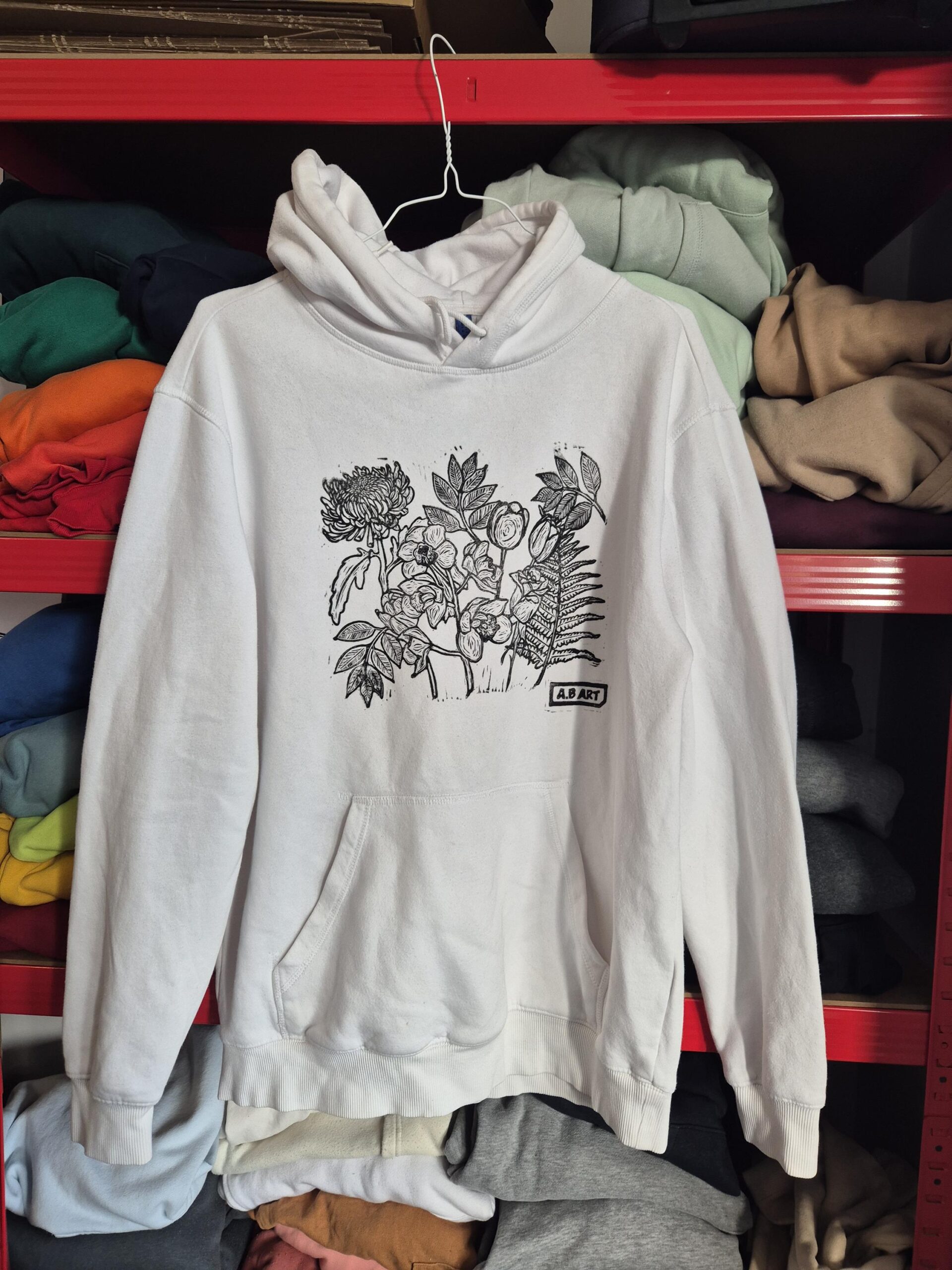 White Floral Upcycled Hoodie – Size M