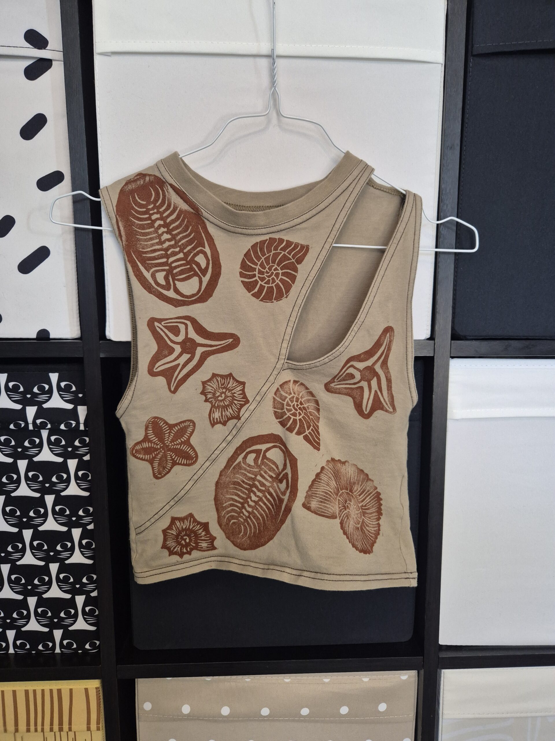 Khaki Green Fossil Themed Upcycled Crop Top – Size Small