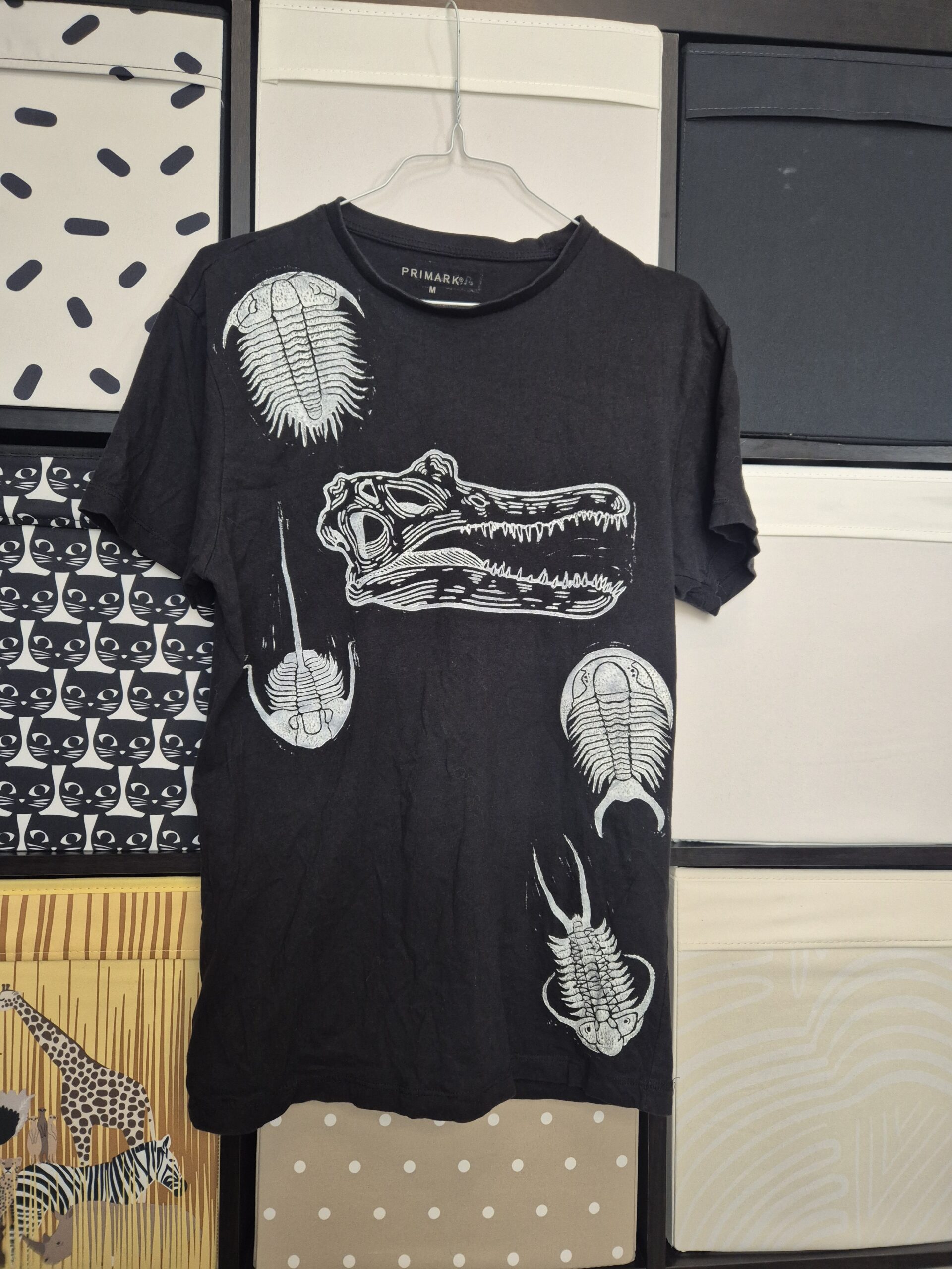 Black Spinosaurus and Trilobite Upcycled T-shirt – Size Medium