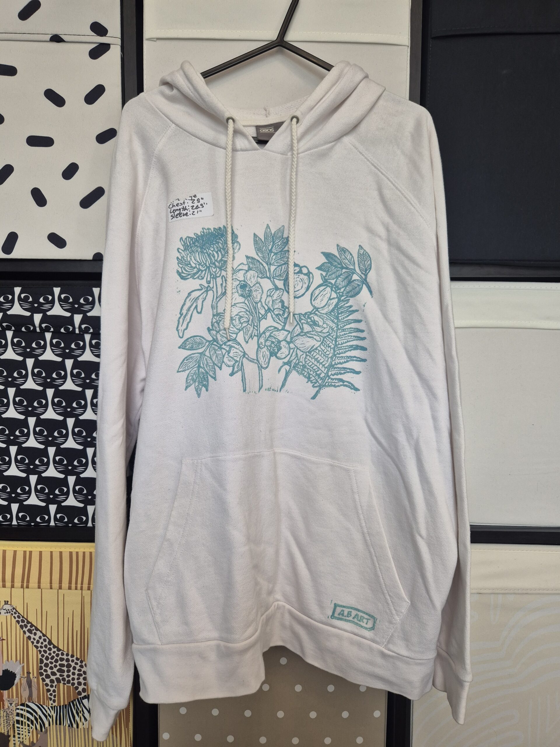 White Floral Upcycled Hoodie – Size Medium
