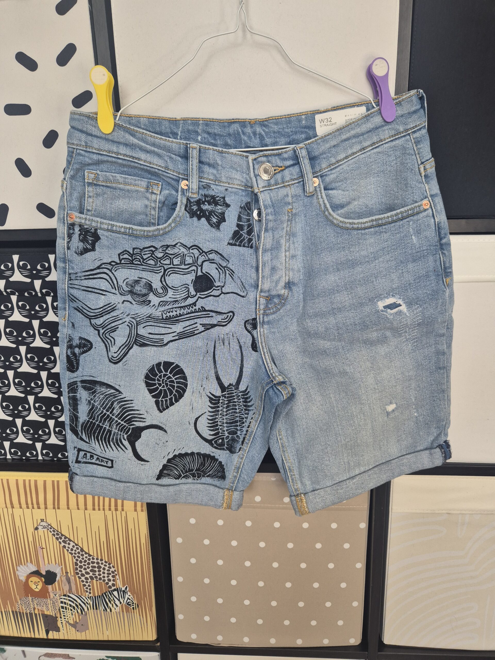 Blue Ankylosaurus Skull Upcycled Shorts –  Size W32/L8 (Copy)