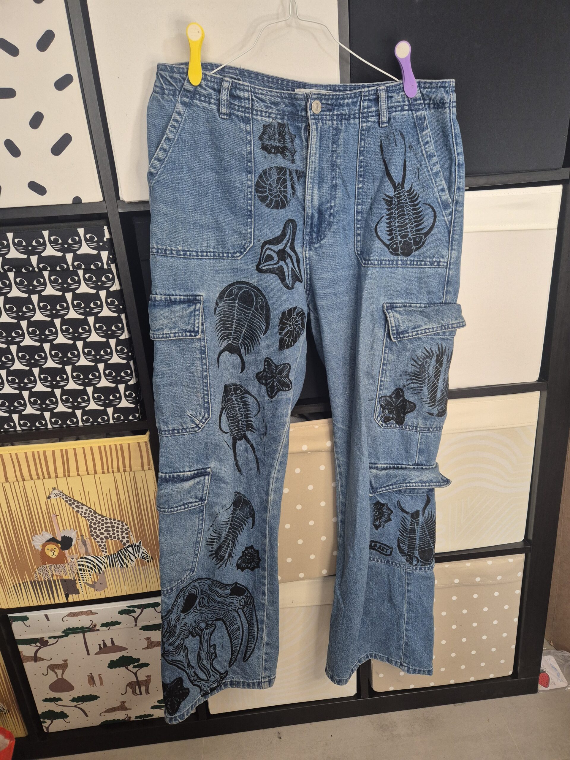Blue Smilodon & Trilobite Upcycled Cargos –  Size UK12 – W34/L30