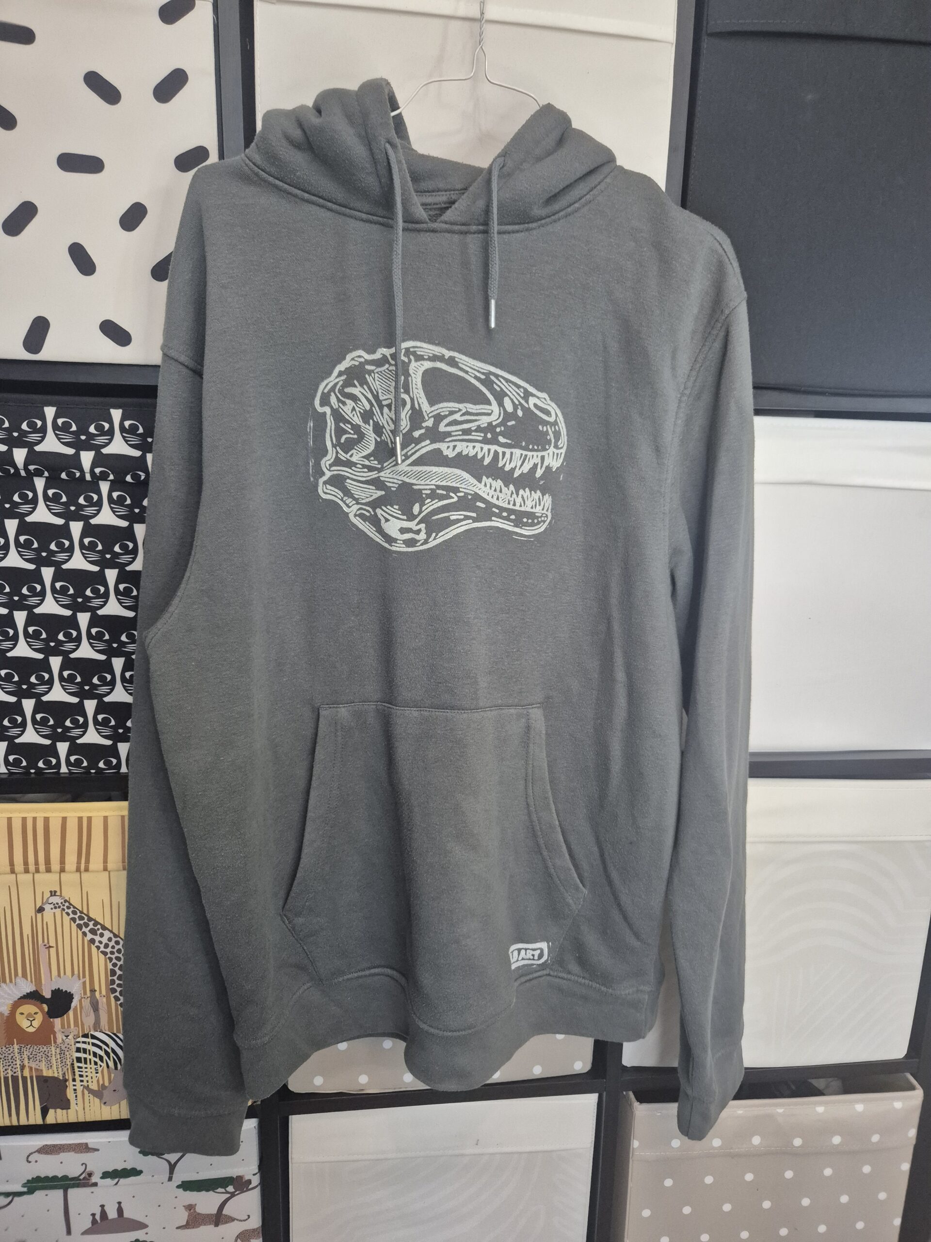 Grey Acrocanthosaurus Skull Upcycled Pullover Hoodie – Size X-Large
