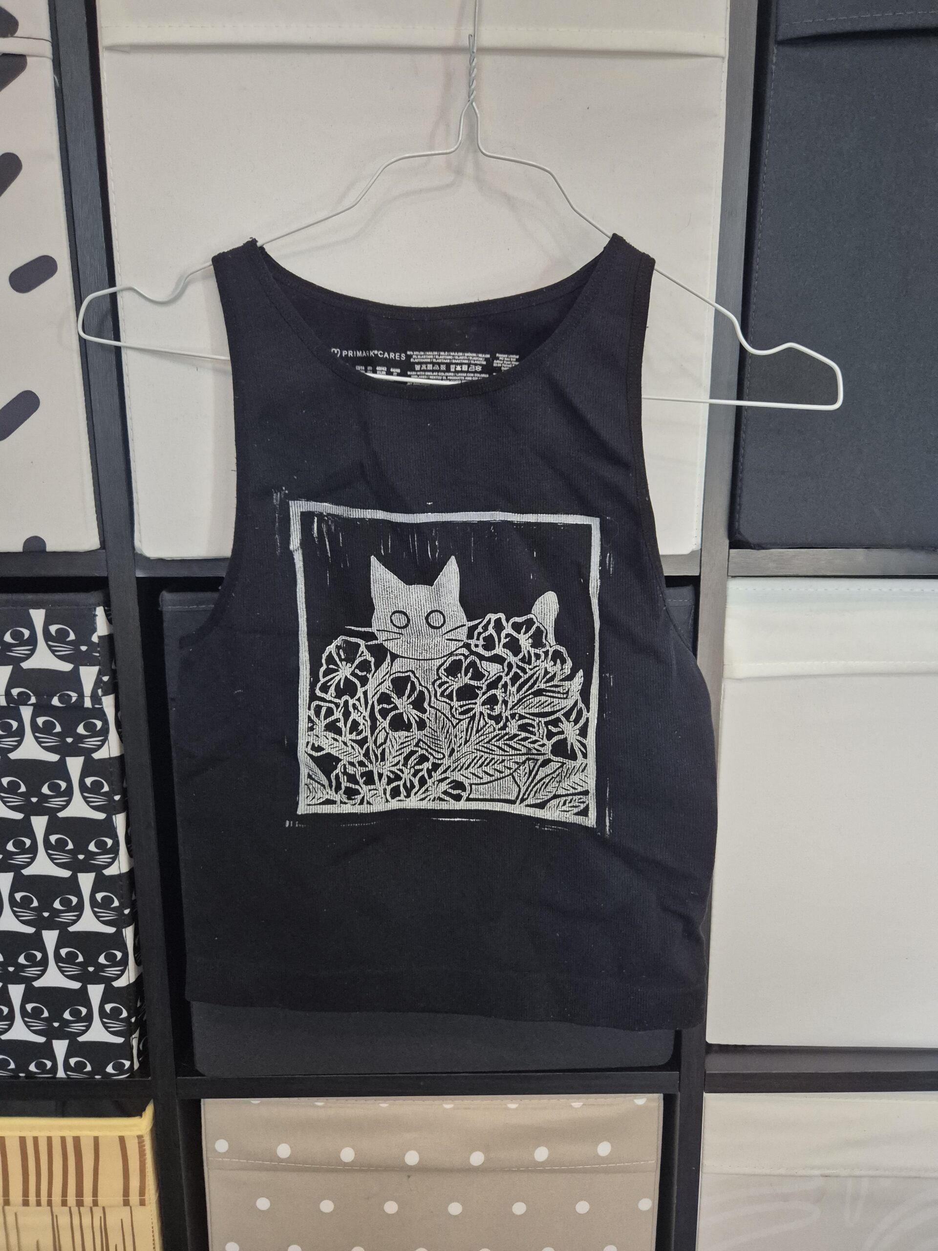 Black Floral Cat Upcycled Crop Top – Size Medium UK12/14