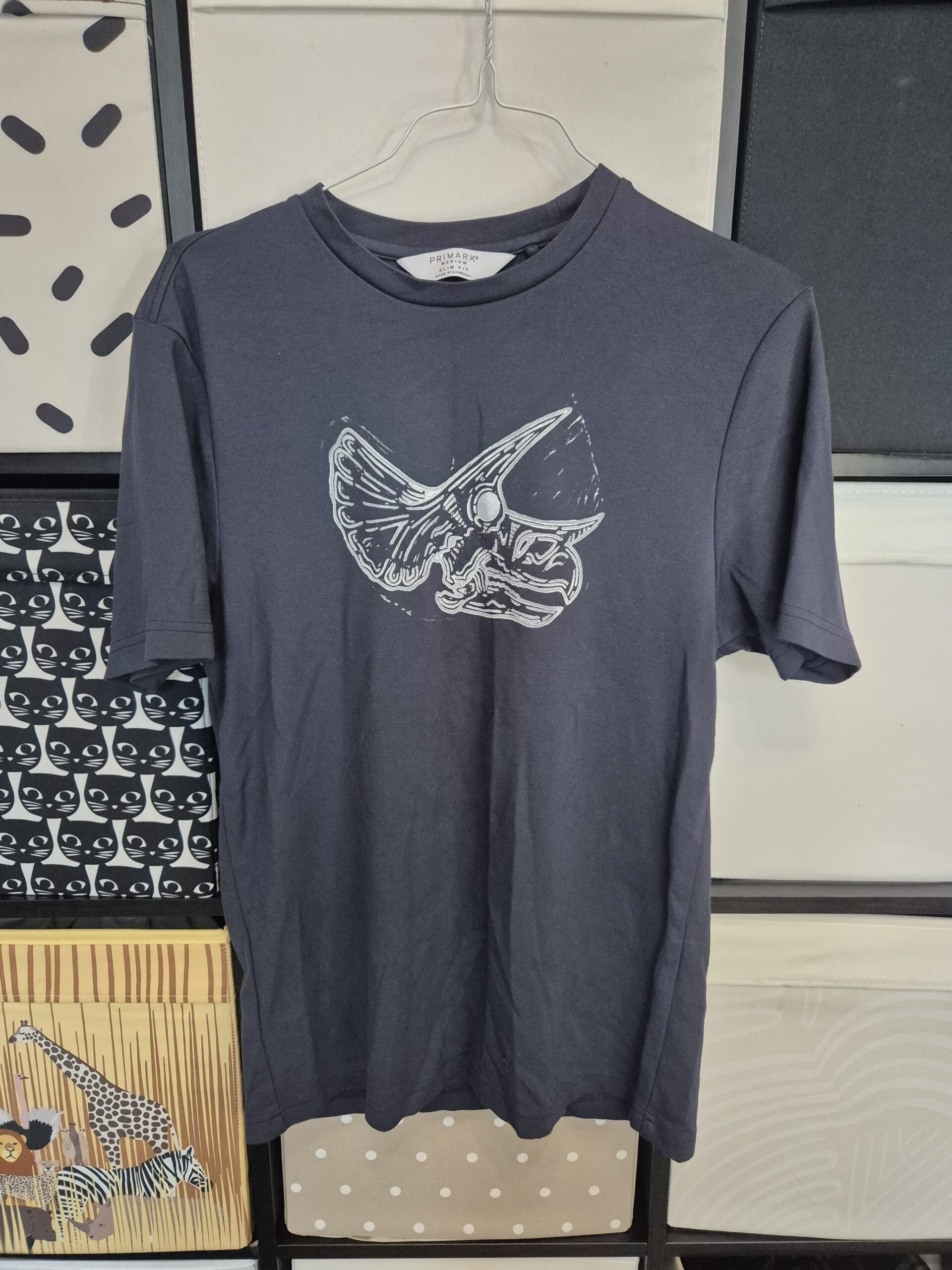 Black Triceratops Upcycled T-shirt – Size Medium