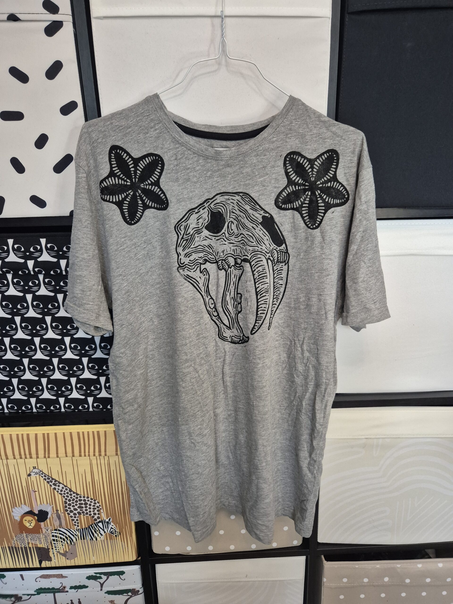 Grey Smilodon Upcycled T-shirt – Size Medium