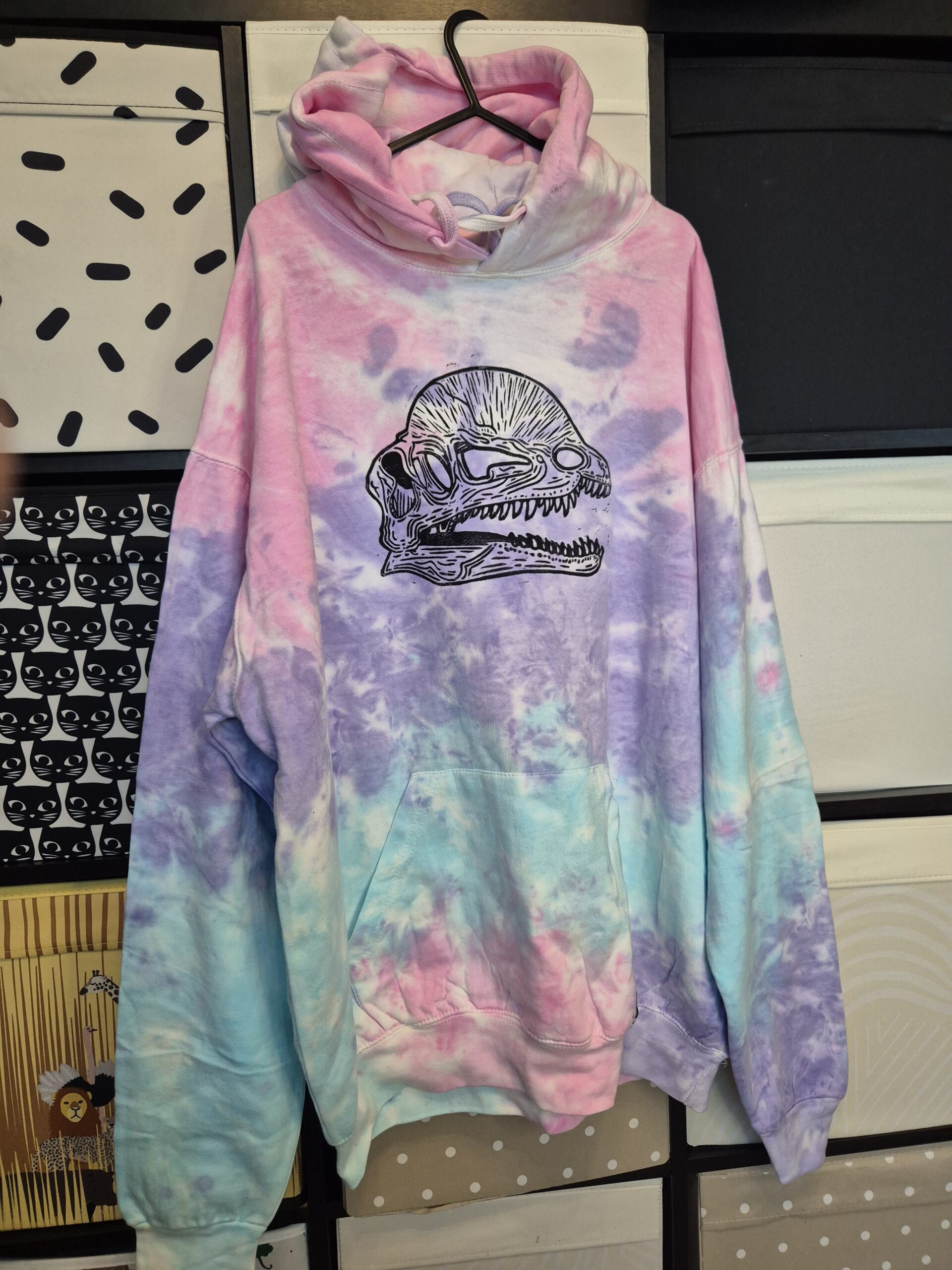 Tye Dye Dilophosaurus Upcycled Pullover Hoodie – Size X-Large