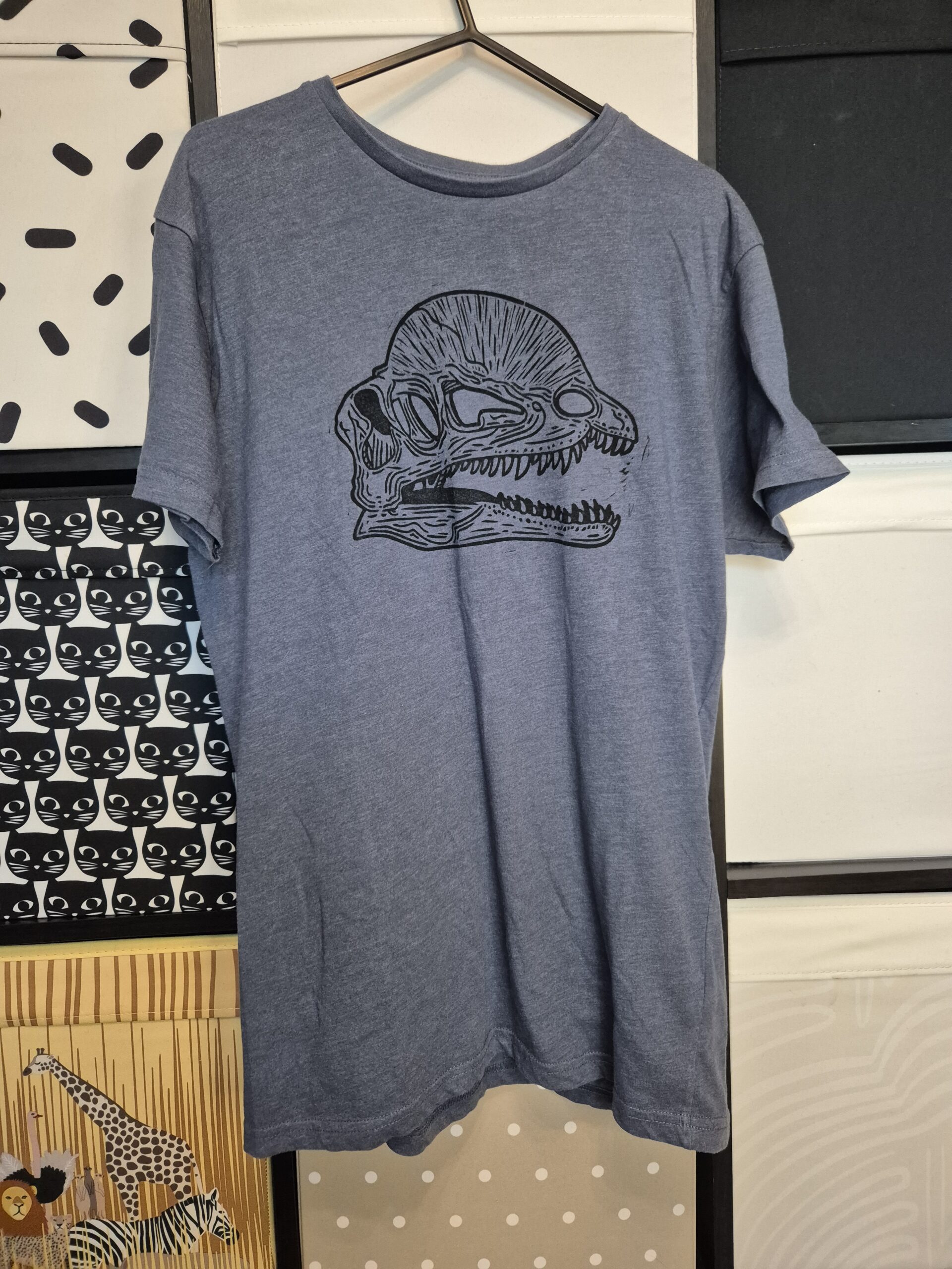 Blue Dilophosaurus Upcycled T-Shirt  – Size X-Small