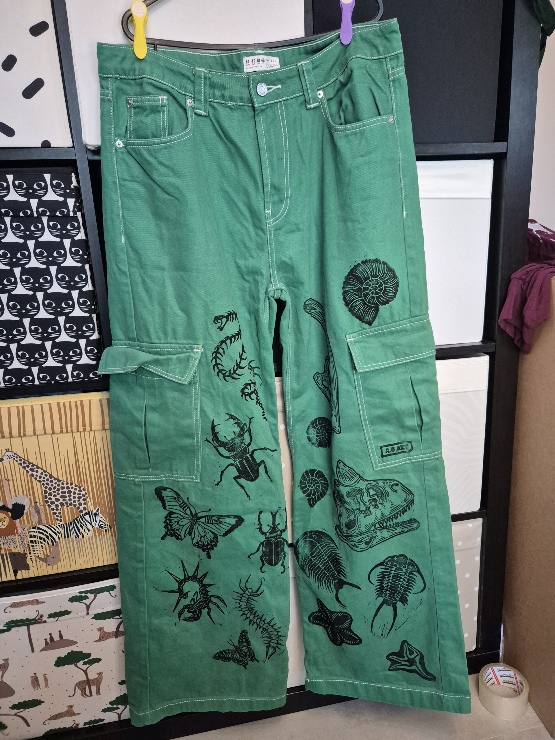 Green Bug & Fossil Upcycled Cargos  – Size UK14 W35/L31