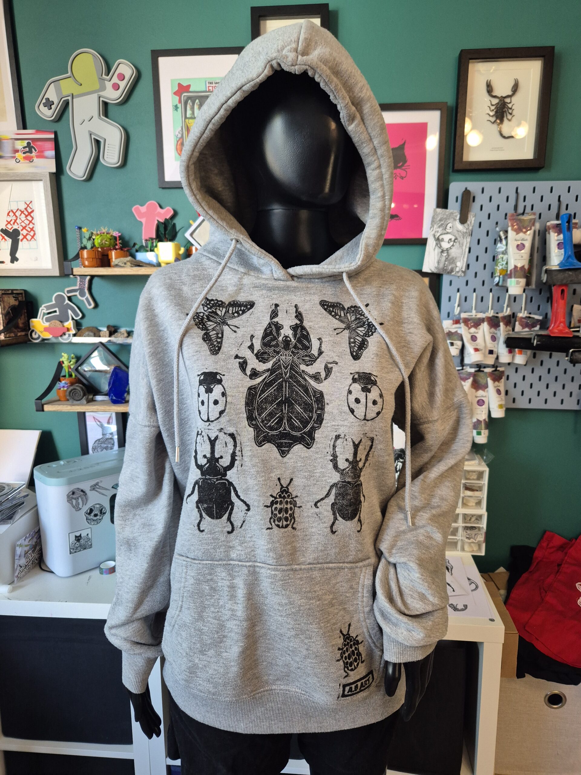 Grey Bug Themed Upcycled Pullover Hoodie - Size UK10/Medium - Image 3