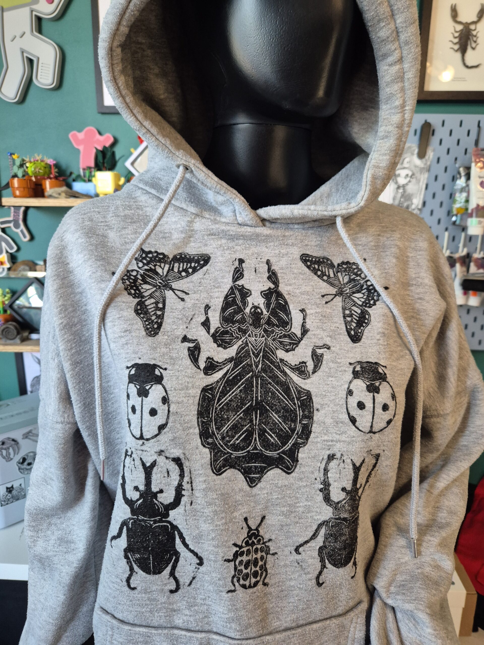 Grey Bug Themed Upcycled Pullover Hoodie - Size UK10/Medium - Image 4