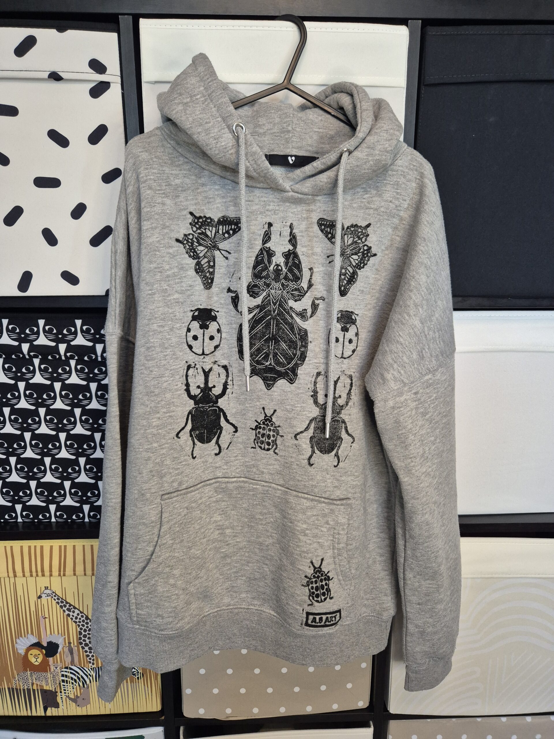 Grey Bug Themed Upcycled Pullover Hoodie – Size UK10/Medium