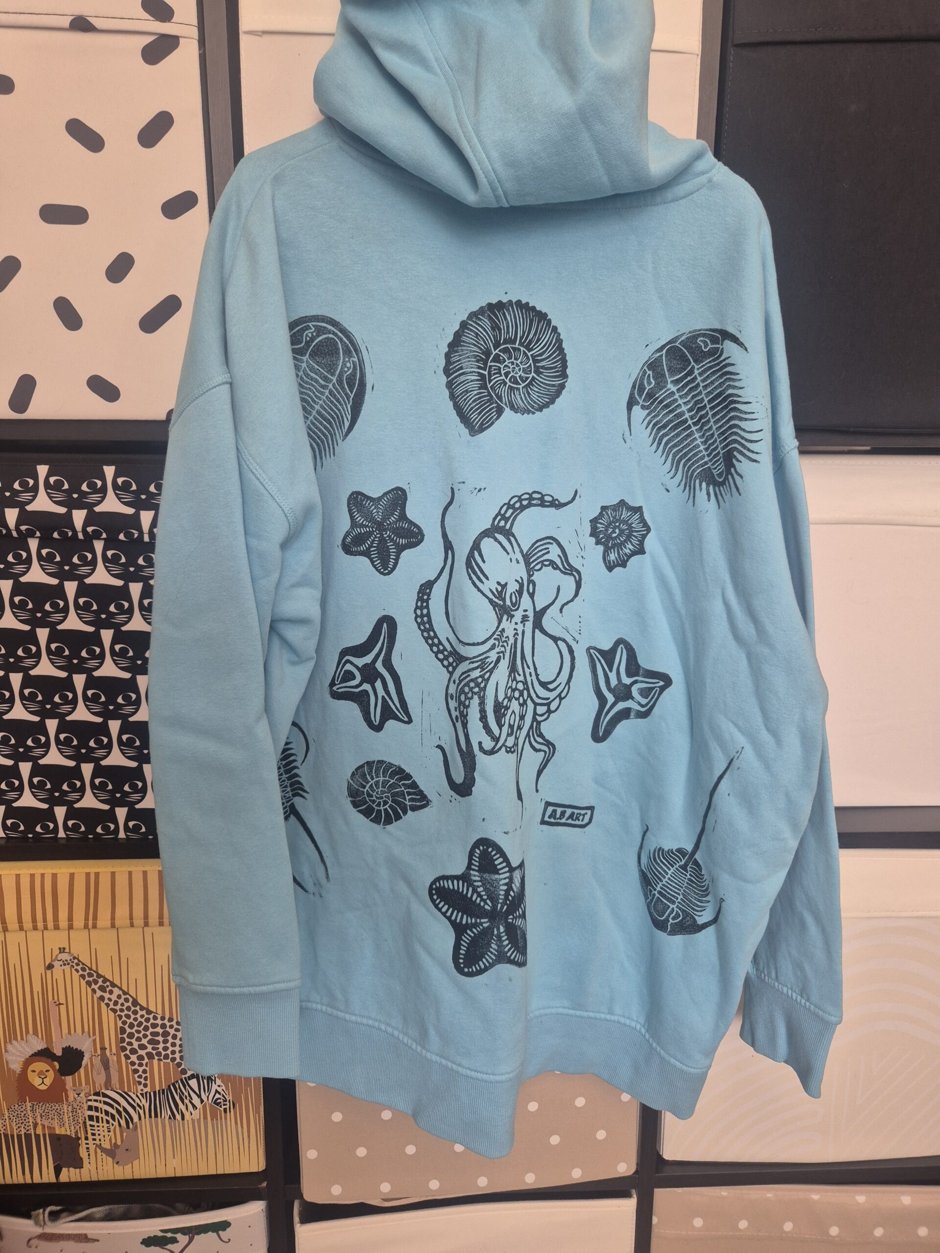 Blue Octopus Upcycled Zipper Hoodie – Size Medium