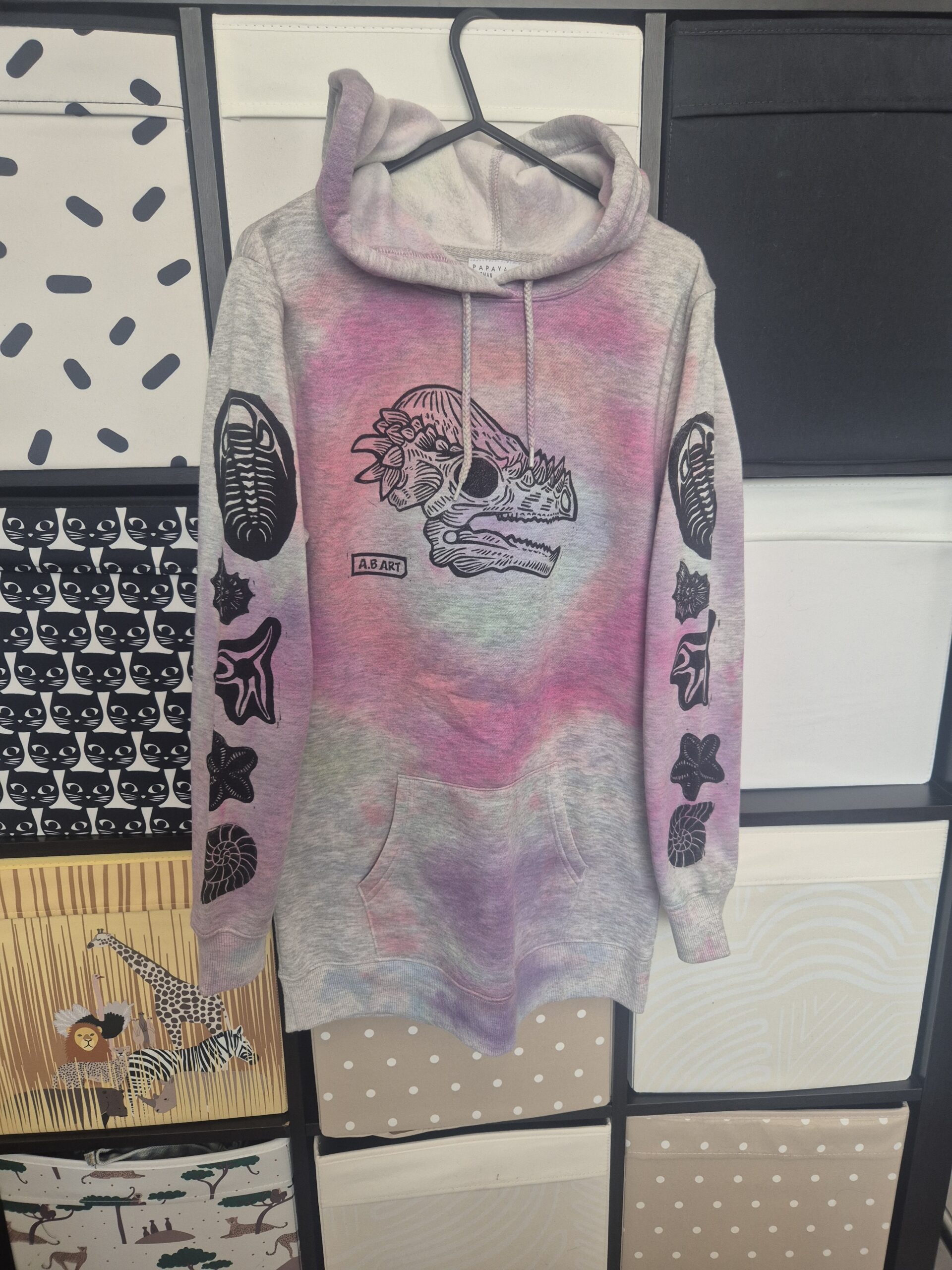 Tye Dye Pachycephalosaurus Upcycled Pullover Hoodie - Size Small