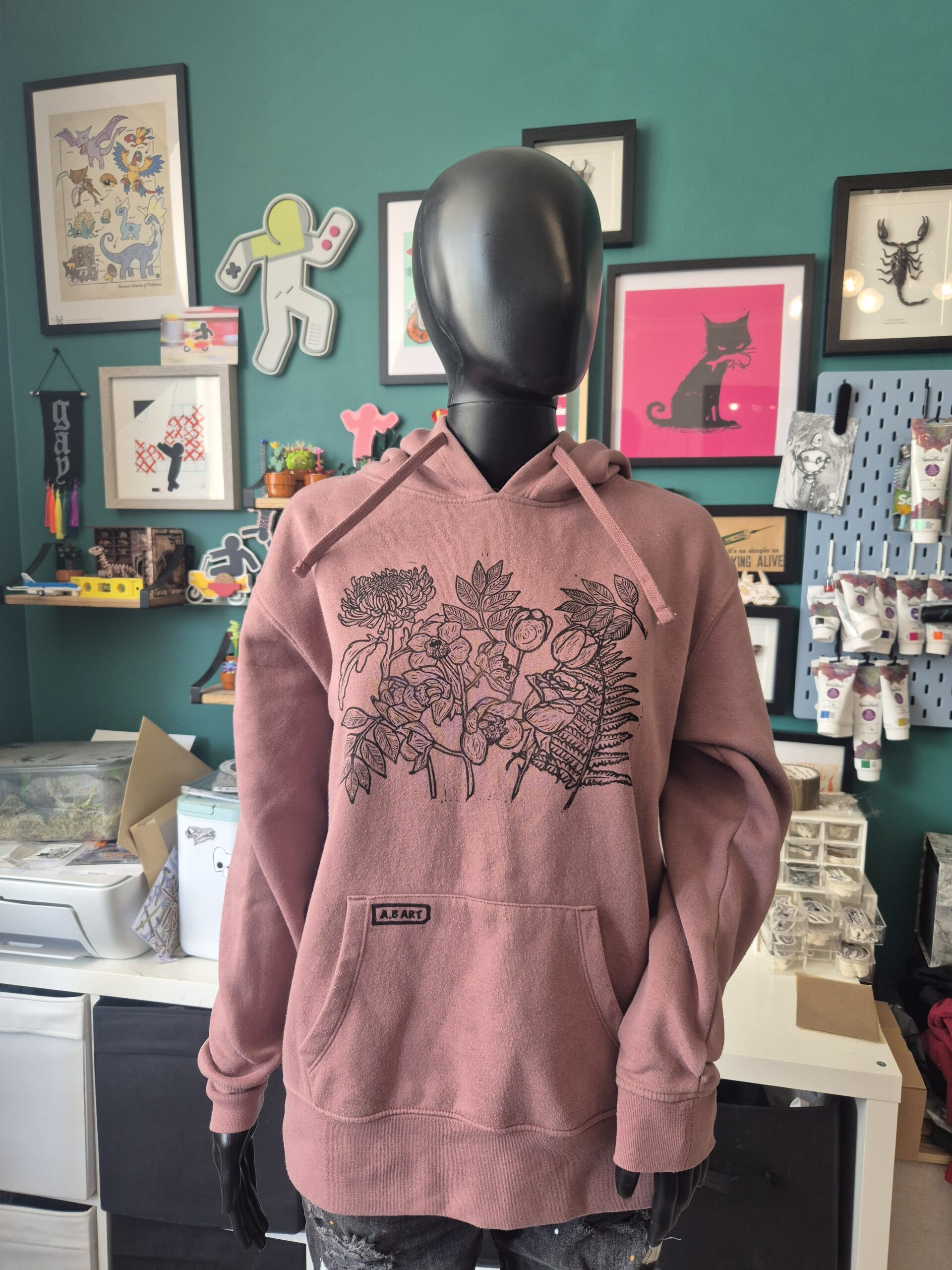 Terracotta Floral Upcycled Pullover Hoodie - Size Small - Image 3