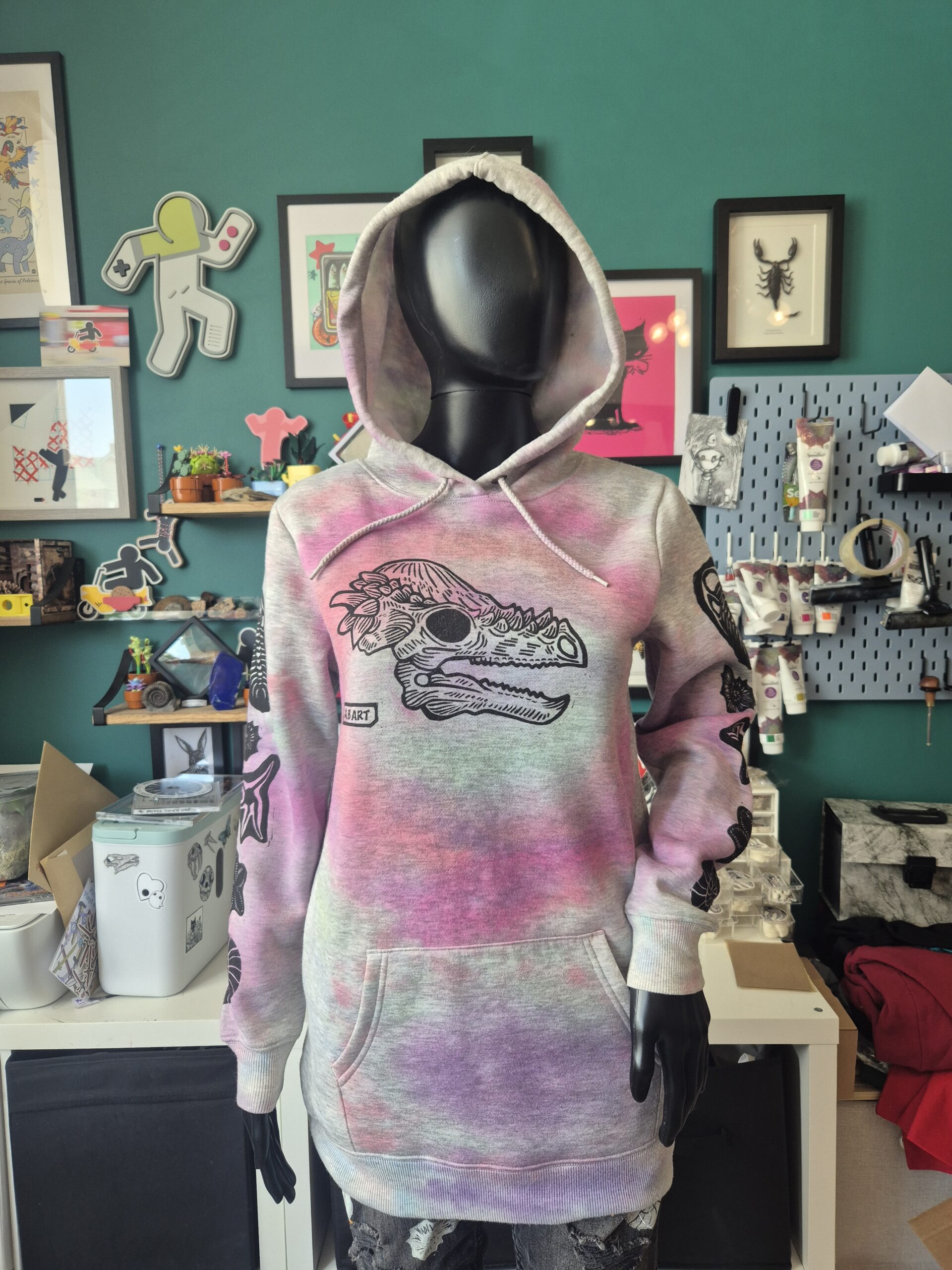 Tye Dye Pachycephalosaurus Upcycled Pullover Hoodie - Size Small - Image 2
