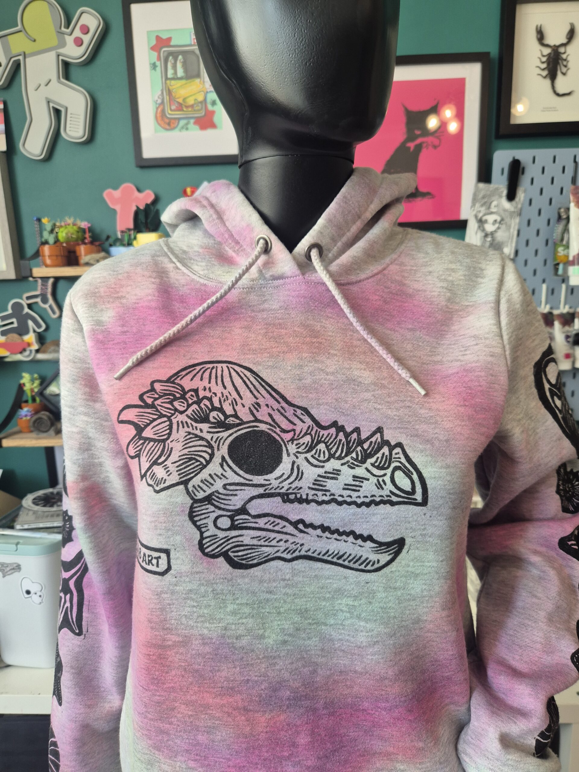 Tye Dye Pachycephalosaurus Upcycled Pullover Hoodie - Size Small - Image 3