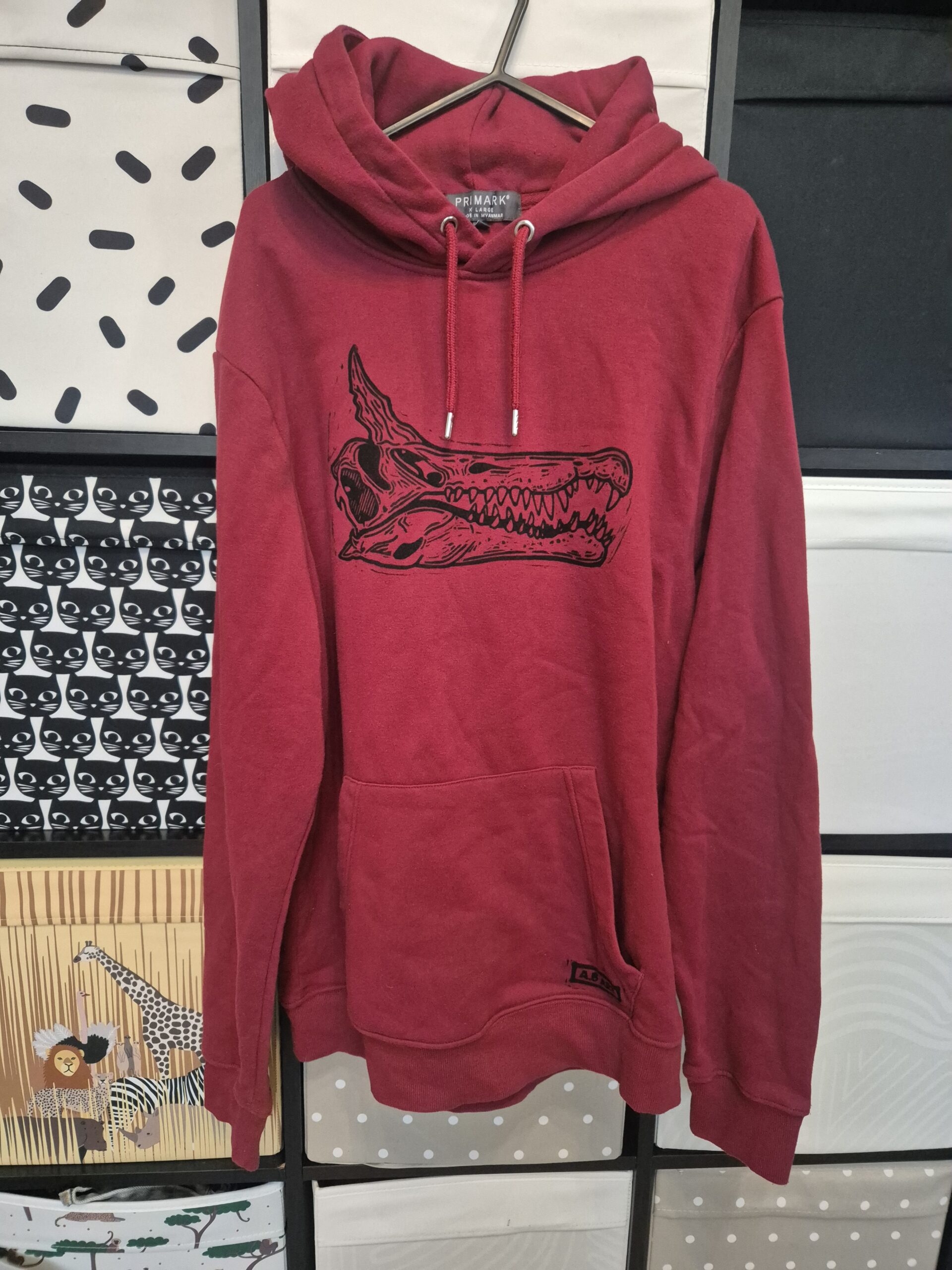 Red Spinosaurus Upcycled Pullover Hoodie - Size X-Large