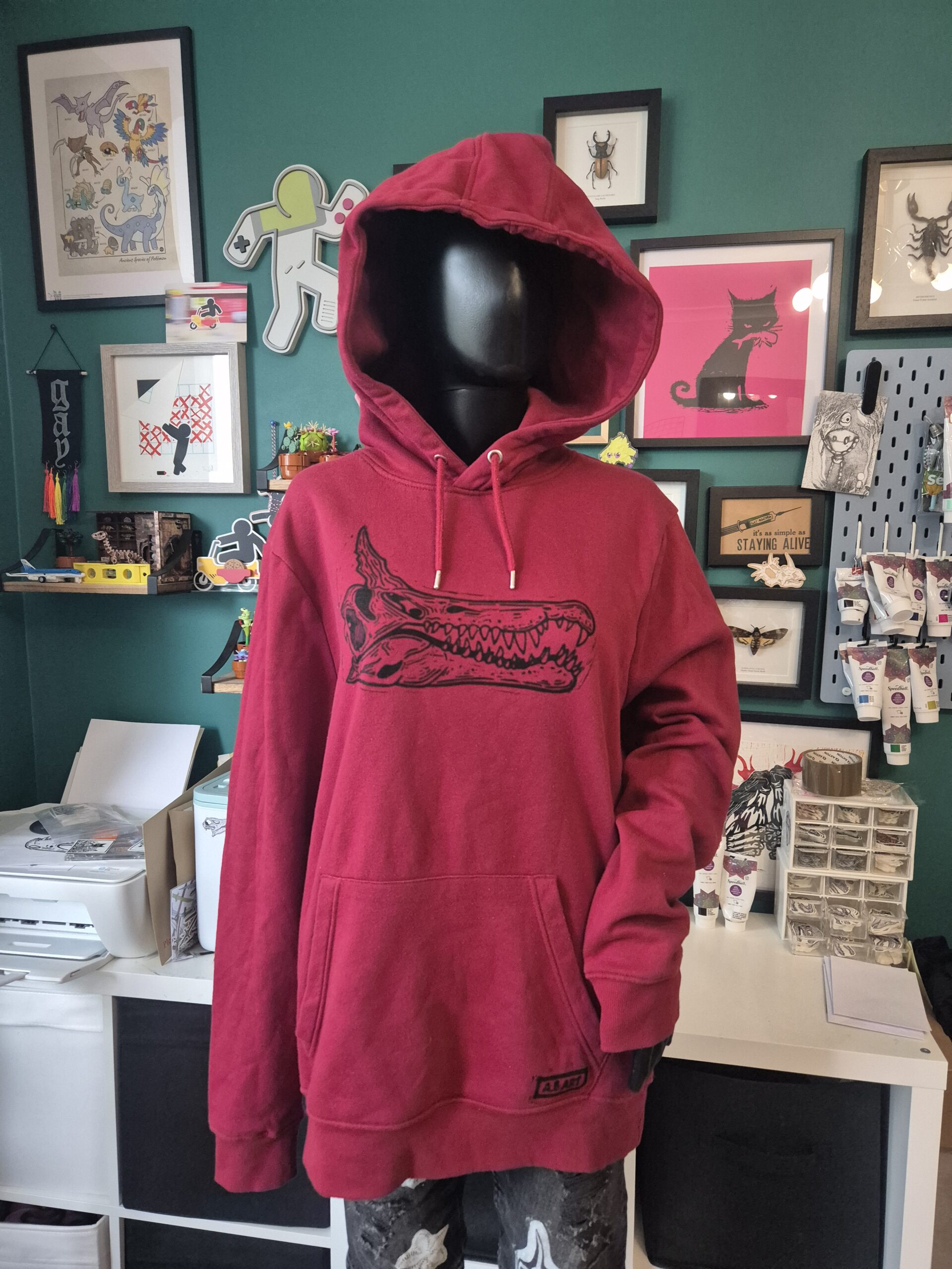 Red Spinosaurus Upcycled Pullover Hoodie - Size X-Large - Image 2