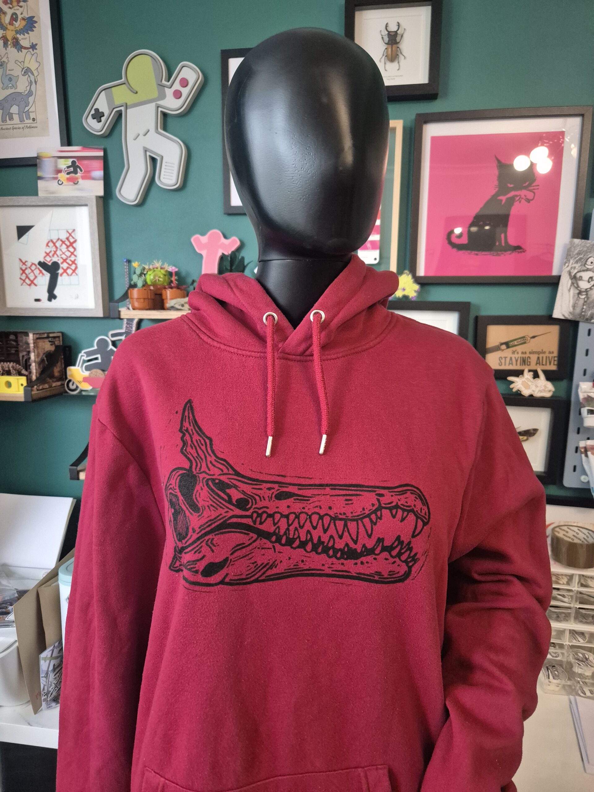 Red Spinosaurus Upcycled Pullover Hoodie - Size X-Large - Image 3