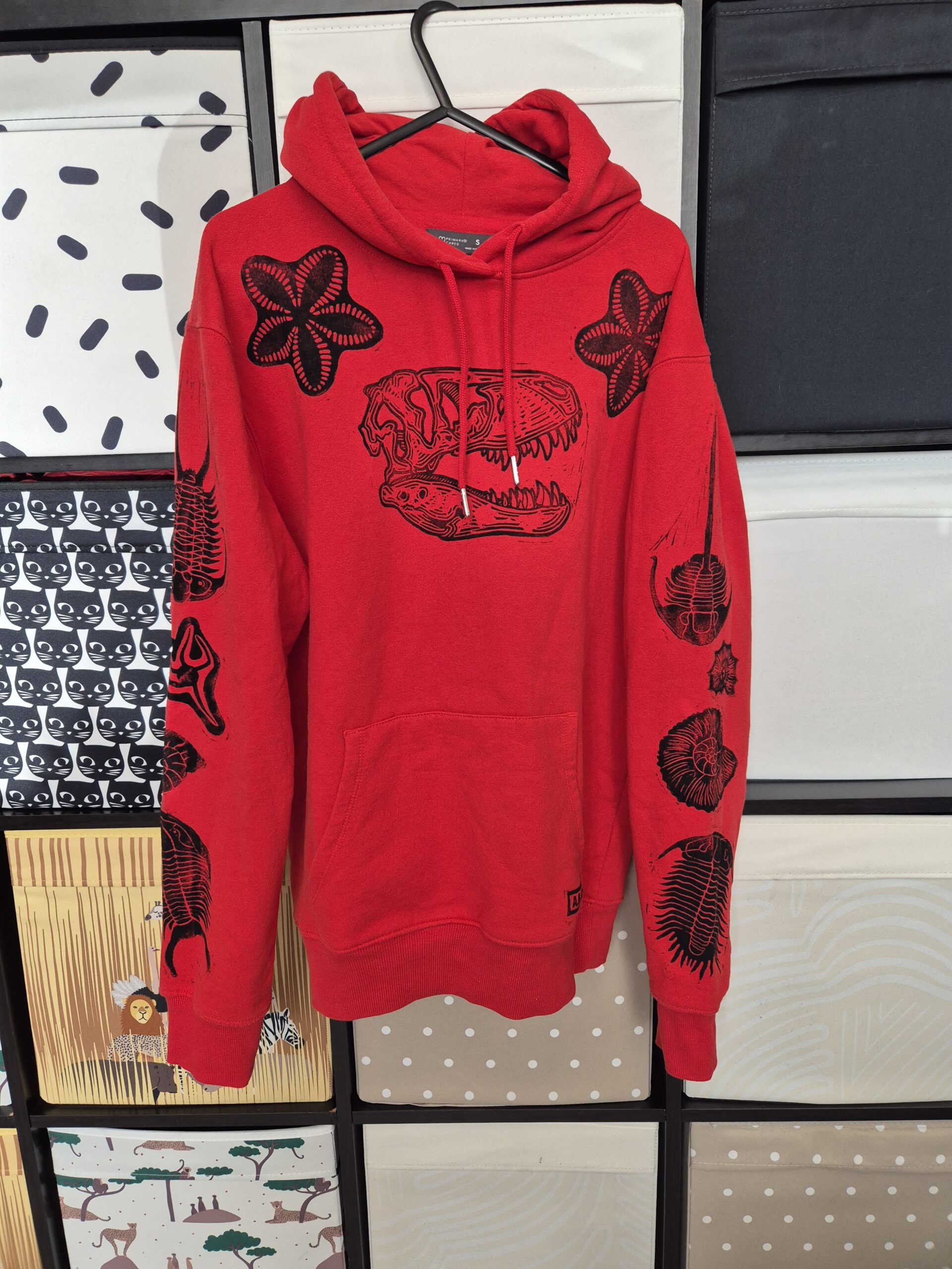Red T-rex Skull Upcycled Pullover Hoodie – Size Small