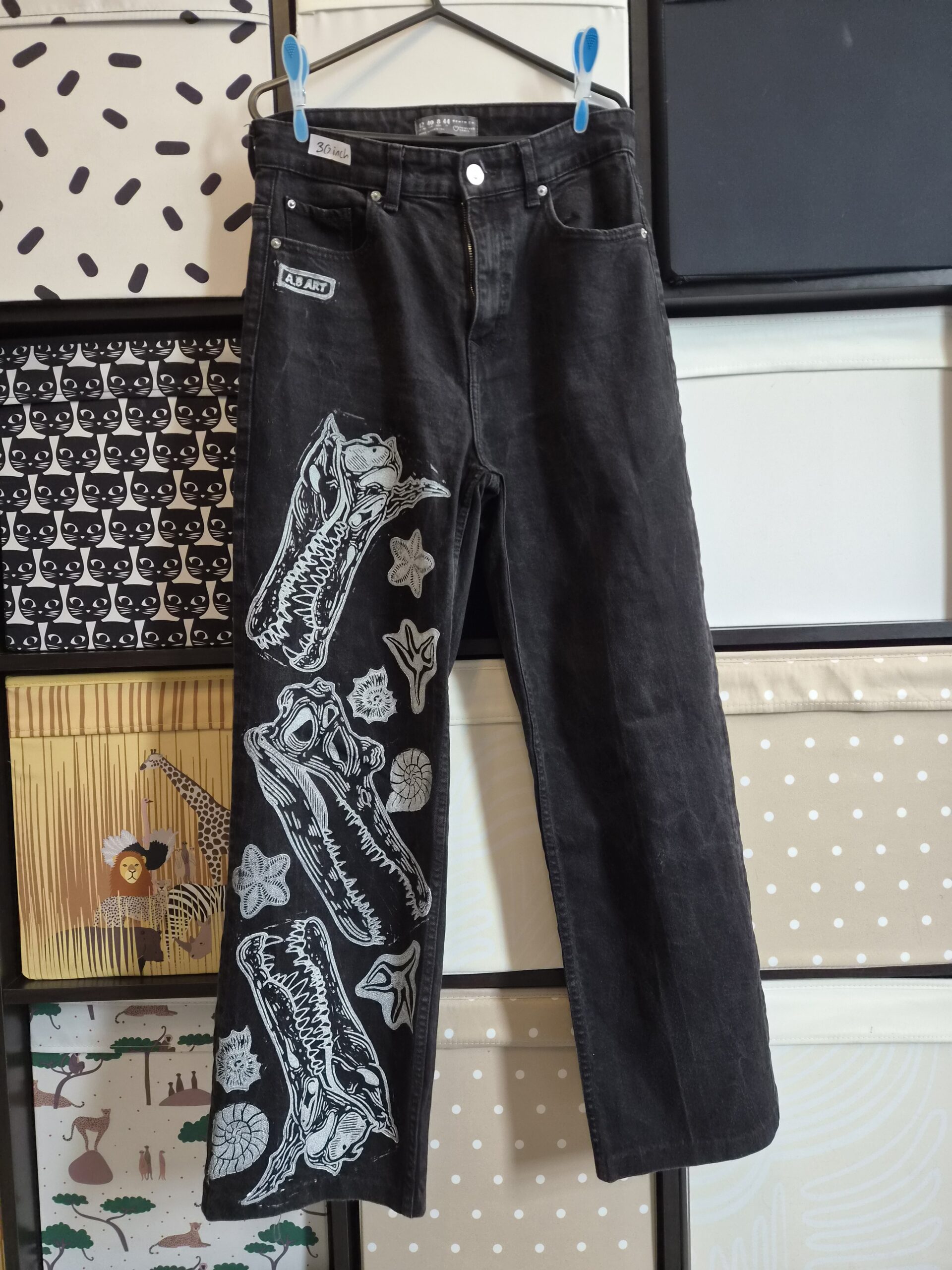 Black Spinosaurus Aegyptus & Mirabilis Upcycled Jeans  – Size UK12/EU40/W30