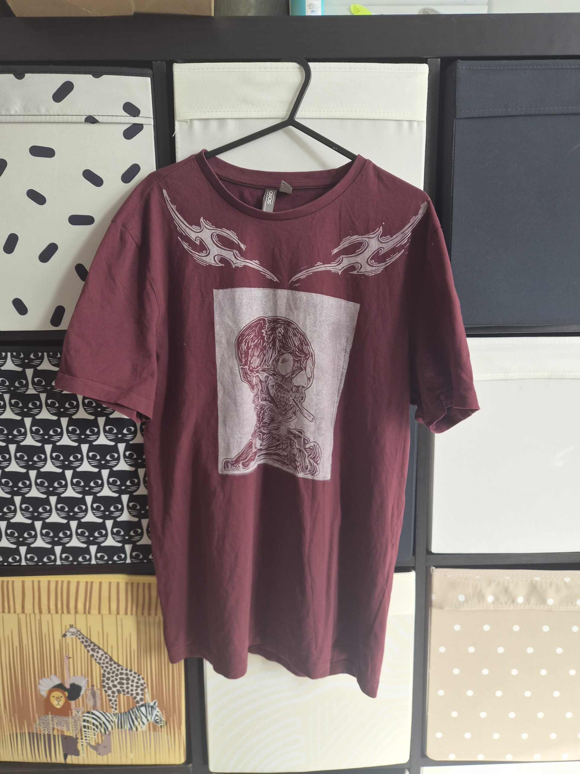 Maroon Smoking Skeleton Upcycled T-Shirt – Size Medium